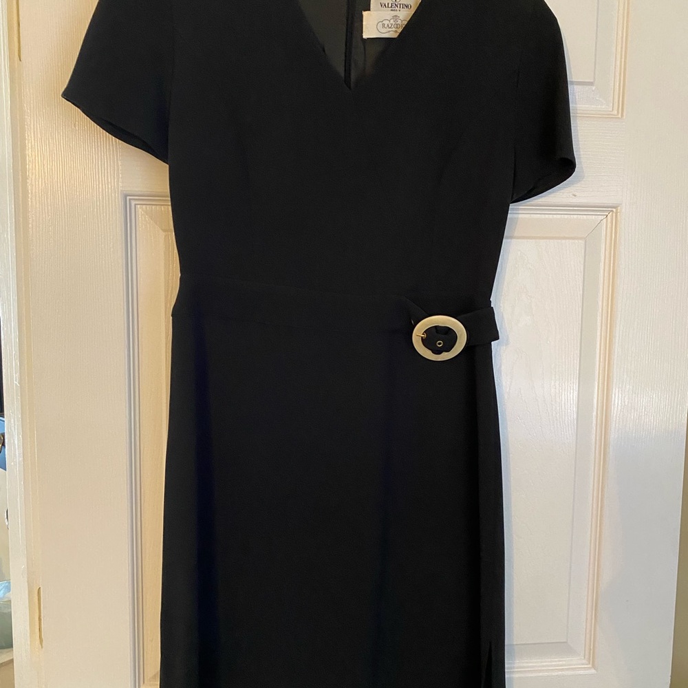 Valentino fit and flair dress - side slits and mother-of-Pearl bucle detail